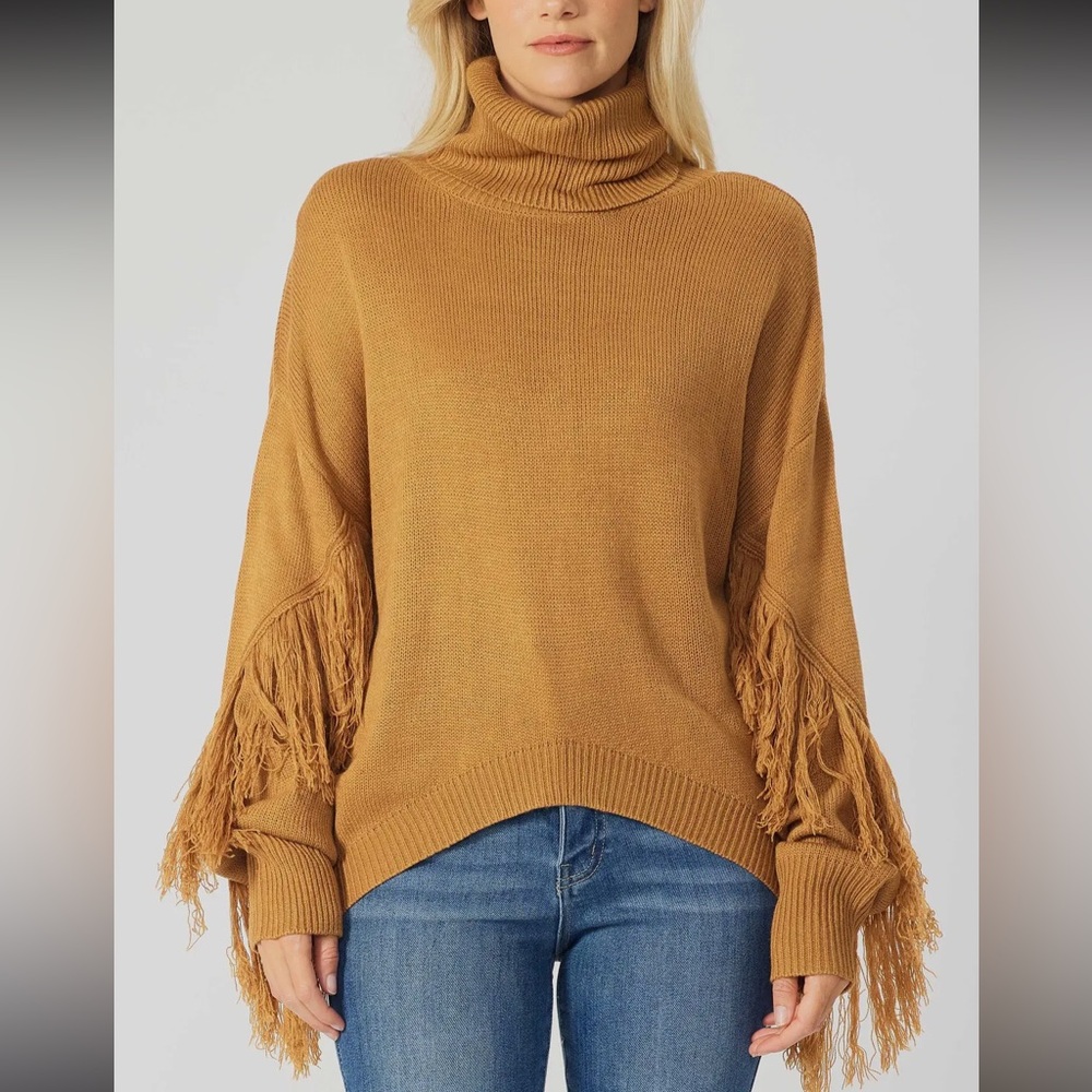 ShopEvelynne Mustard Fringe Turtleneck Sweater